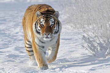 Obraz premium male Siberian tiger roaming the snowy tundra