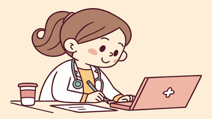 Cartoon doctor working on a laptop with a coffee cup and documents on the desk in a light setting
