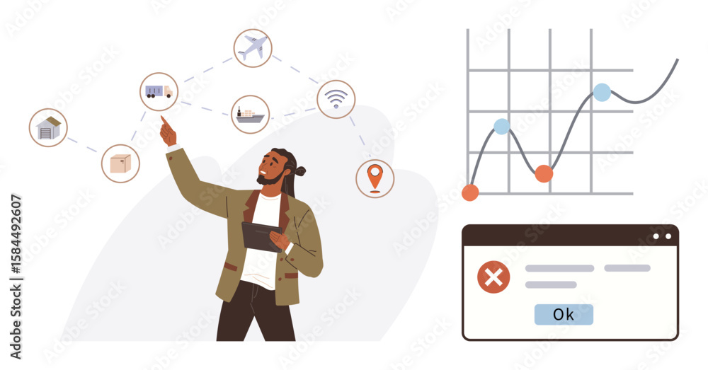 Poster business professional pointing at digital network diagram with icons of connectivity, charts of data