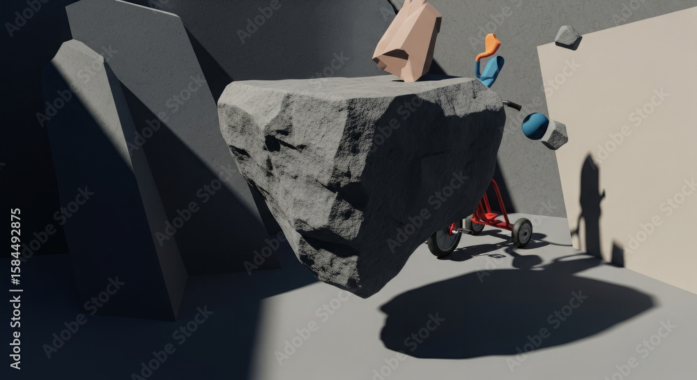 Poster abstract 3d rendering of figures maneuvering around a large, imposing rock in a geometric landscape.