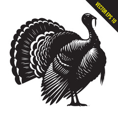 Stylized Black and White Turkey Silhouette Vector Illustration, turkey birds illustration