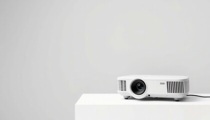 White digital projector on a pedestal against a plain background  