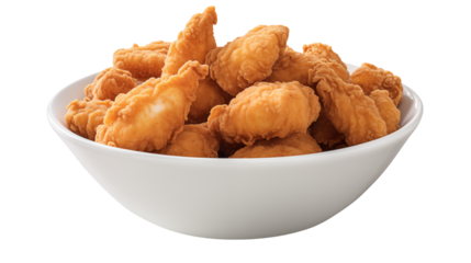 Crispy chicken tenders fill a white bowl against a transparent backdrop