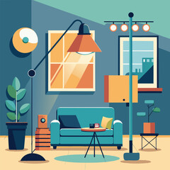Stylish and modern interior illustration featuring a teal sofa and decorative elements