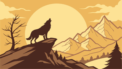 Naklejka premium Silhouette of a wolf howling on a cliff with mountains and a large sun in the background landscape scene