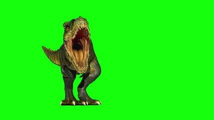 Angry dinosaur walking on green screen tyrannosaurus rex dinosaur, T-Rex roaring dinosaur with realistic texture, walking confidently against a green screen background - Powered by Adobe