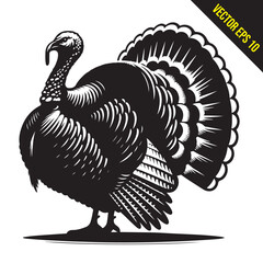 Stylized Black and White Turkey Silhouette Vector Illustration, turkey birds illustration