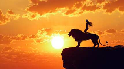 Beautiful girl riding on the back of a lion, standing on a cliff in the sunset