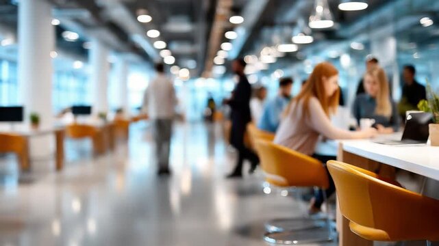Blurred Corporate Environment: A captivating shot of a modern office space with blurred figures, focused on desks and natural light, suggesting a dynamic and collaborative work environment.