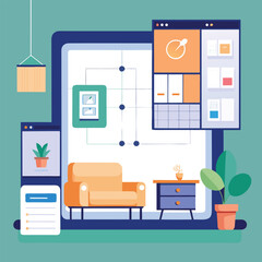 Interior design concept with software windows and furniture presentation illustration