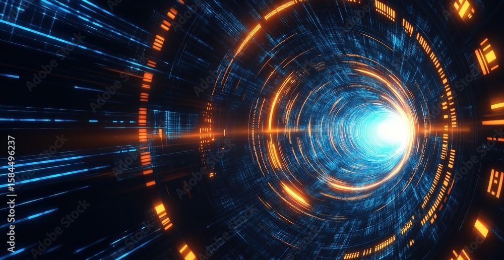 Aufkleber futuristic digital tunnel with blue and orange lights symbolizing data transfer in cyber world as ab