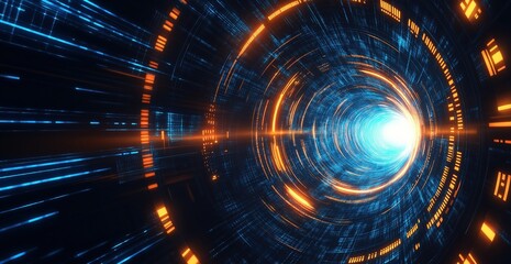 Obraz premium Futuristic digital tunnel with blue and orange lights symbolizing data transfer in cyber world as abstract background for technology or science concept design