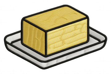 Yellow butter block on white dish food
