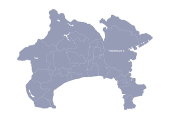 グレー色の日本地図, 神奈川県の行政区分付き地図, Gray map of Japan, Kanagawa prefecture