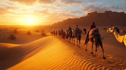 Camel riders crossing golden desert dunes at sunset in warm glowing atmosphere
 - Powered by Adobe