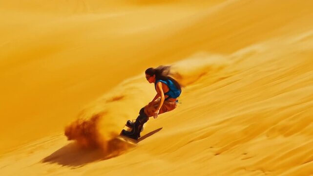 Person sandboarding down steep desert dune with dramatic sand spray and vivid blue sky

