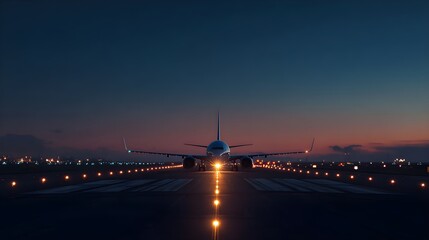 Fototapeta premium Airplane Taxiing in Blue Hour — Runway Lights and Peaceful Sky