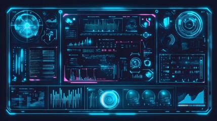 Obraz premium Futuristic digital dashboard with glowing information displays.