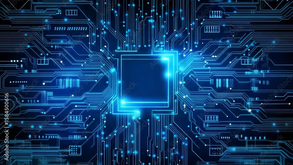 Poster glowing blue microchip in the center of a high-tech circuit board, representing digital power, ai, a