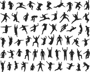 CAD drawing flat vector illustration, jumping silhouette people collection, active dynamic poses, motion figures in action, man and woman energy