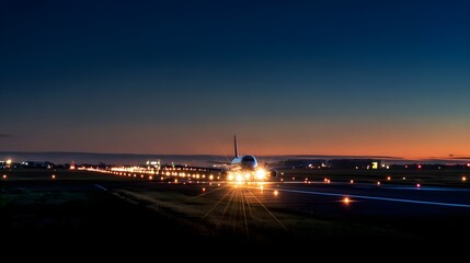 Airplane Taxiing in Blue Hour &mdash; Runway Lights and Peaceful Sky