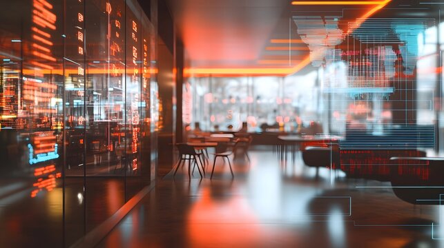 Futuristic cafe interior with digital overlay.