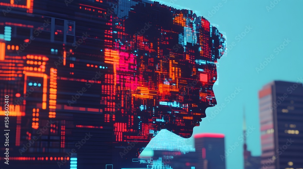 Poster profile view of a person's head overlaid with digital circuit patterns.