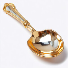 Golden ornate spoon with shiny reflective surface on white