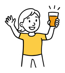 Joyful Woman Holding Drink. Celebrating Female in Yellow T-shirt Raised Arms. Hand-Drawn Line Doodle Vector Illustration