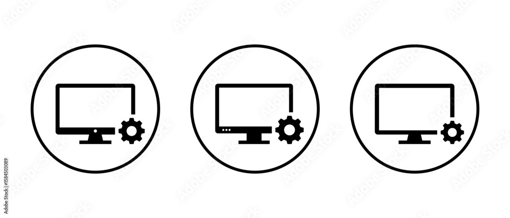 Poster Desktop computer with settings gear. PC system control and technical setup concept in circular outline