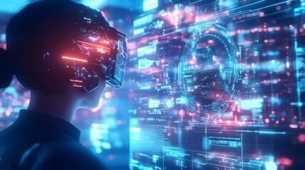 Person wearing VR headset interacting with digital interface.