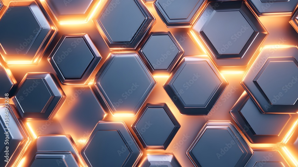 Poster abstract geometric pattern of glowing hexagons.