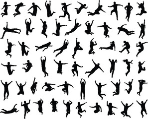 CAD drawing flat vector illustration, silhouette people jumping and leaping, energetic human poses, action motion figures, active man and woman movement