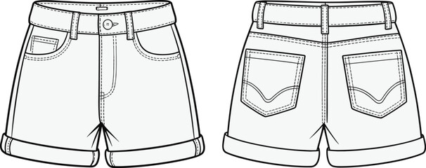 Cad drawing flat vector illustration, denim shorts fashion design, garment sketch layout, technical clothing template, front back view artwork
