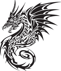 Fototapeta premium Black and white tribal dragon tattoo design vector illustration with monster wings, symbol of fantasy art and nature's powerful creature