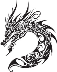 Tribal dragon head tattoo design vector illustration: a striking black silhouette of a stylized animal symbol