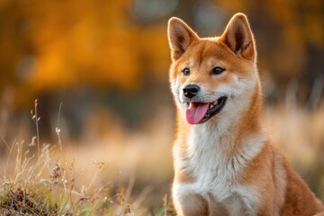 Close up of an adorable Shiba Inu with its tongue out sitting in a field during autumn