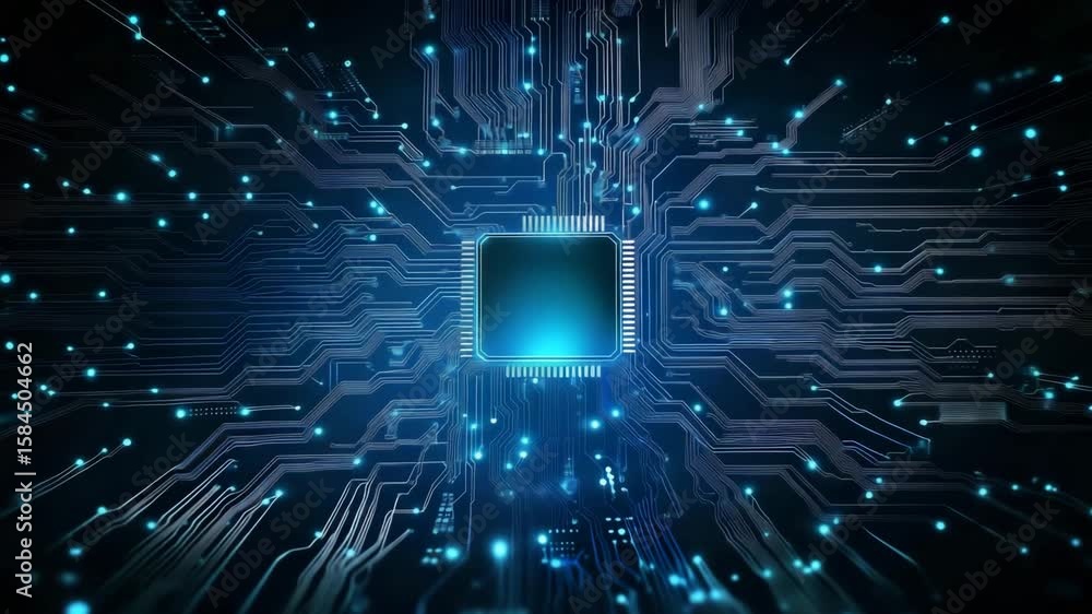 Poster glowing blue microchip in the center of a high-tech circuit board, representing digital power, ai, a