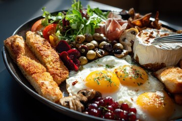 Charcuterie board Camembert with bread salad with prosciutto olives fried eggs with mushrooms vegan cutlets and peanuts fork food delivery