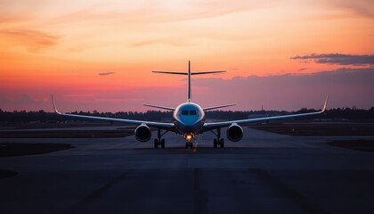 Experience the Beauty of a Commercial Jet Poised for Takeoff Amid a Mesmerizing Sunset Sky on a Busy Taxiway