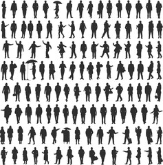 Business people Silhouettes walking and standing, posing with briefcases, professional dress icons, urban workforce, corporate lifestyle, posture variety silhouettes