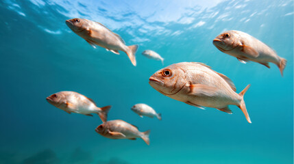 Naklejka premium school of silver fish swim gracefully underwater in clear blue ocean waters.