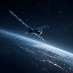 Obraz premium Futuristic Satellite Gliding Through Orbit Above Earth with Starry Cosmic Backdrop