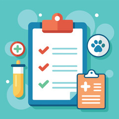 Veterinary clinic illustration featuring medical checklists, paw print, and test tube elements