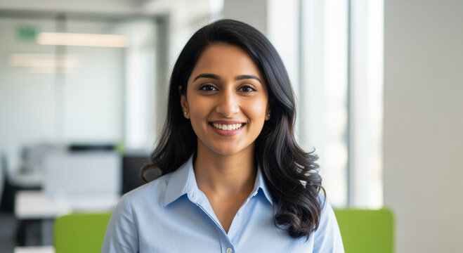 Head shot portrait of happy Indian businesswoman, company head or executive manager dressed in casual shirt posing for camera standing.