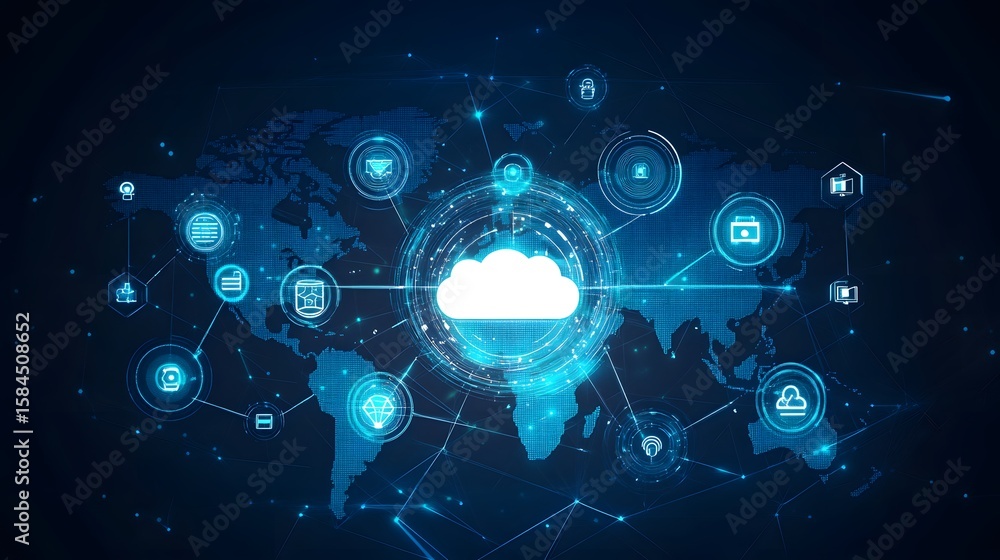 Poster global cloud computing network with interconnected technology icons.