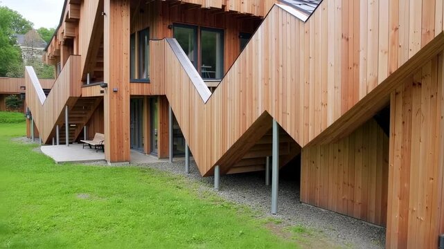 Modern wooden house with angled cladding and exterior stairs