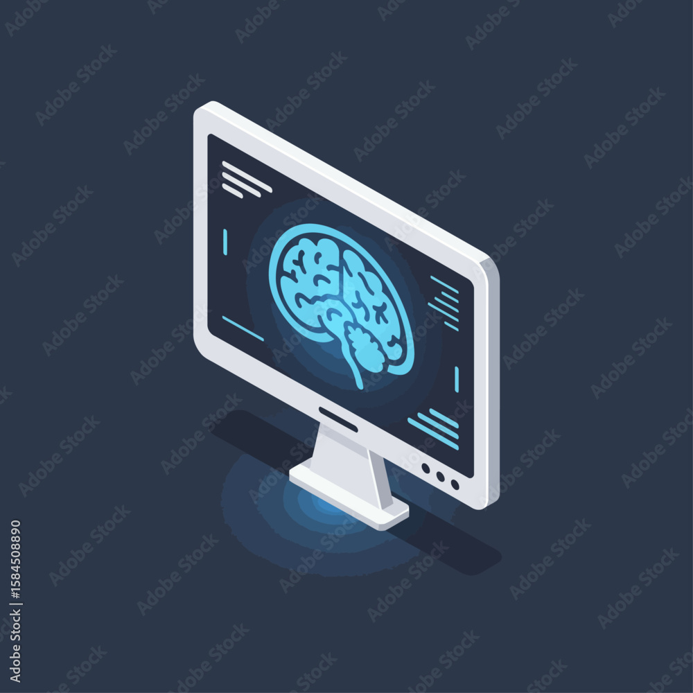 Poster isometric illustration of a computer screen displaying a glowing brain scan.