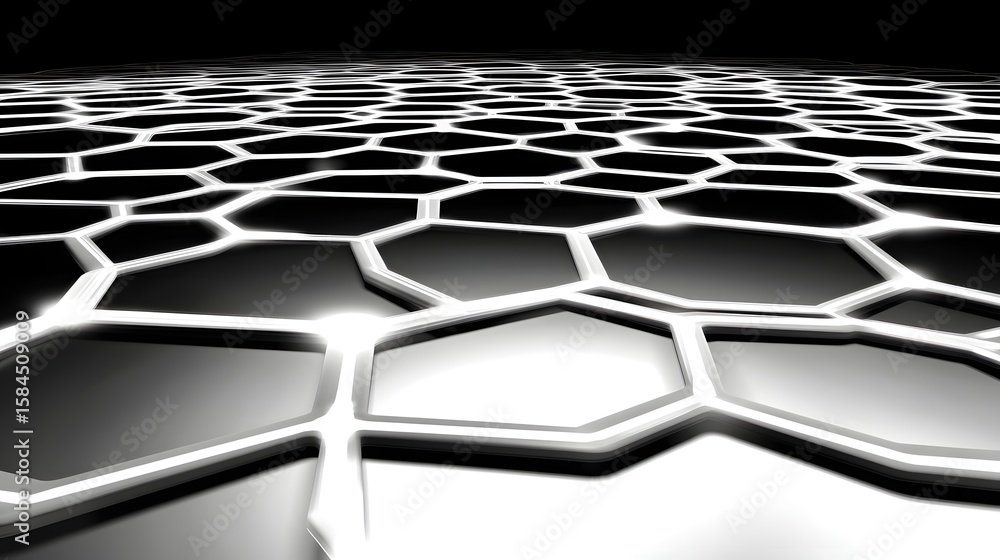 Poster abstract geometric pattern of interconnected hexagons in black and white.