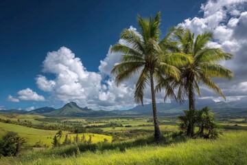 Obraz premium Palm trees on verdant hills under a cloudy blue sky Mauritius